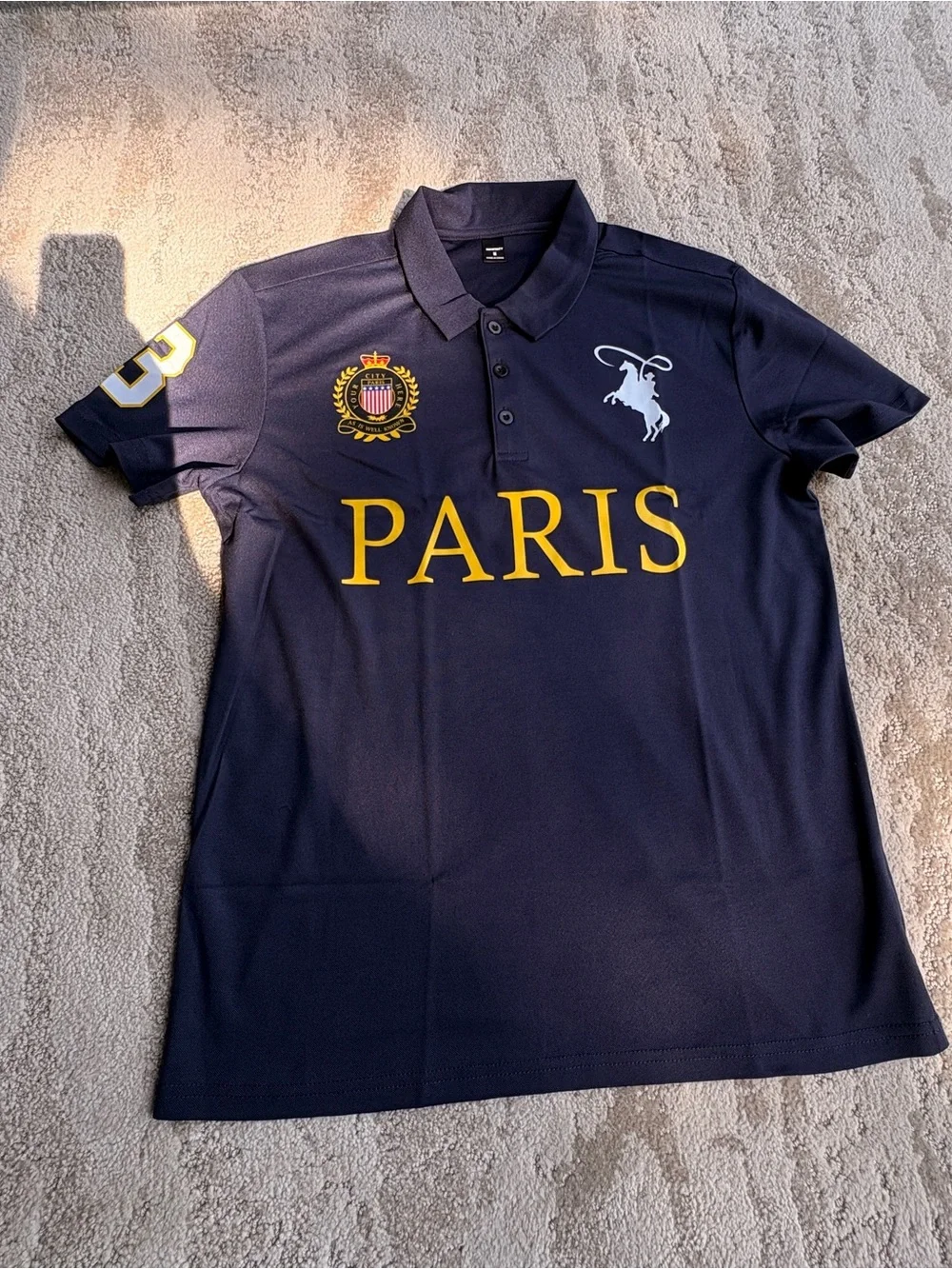 Polo by Ralph Lauren Navy Polo with Yellow 'PARIS' Script